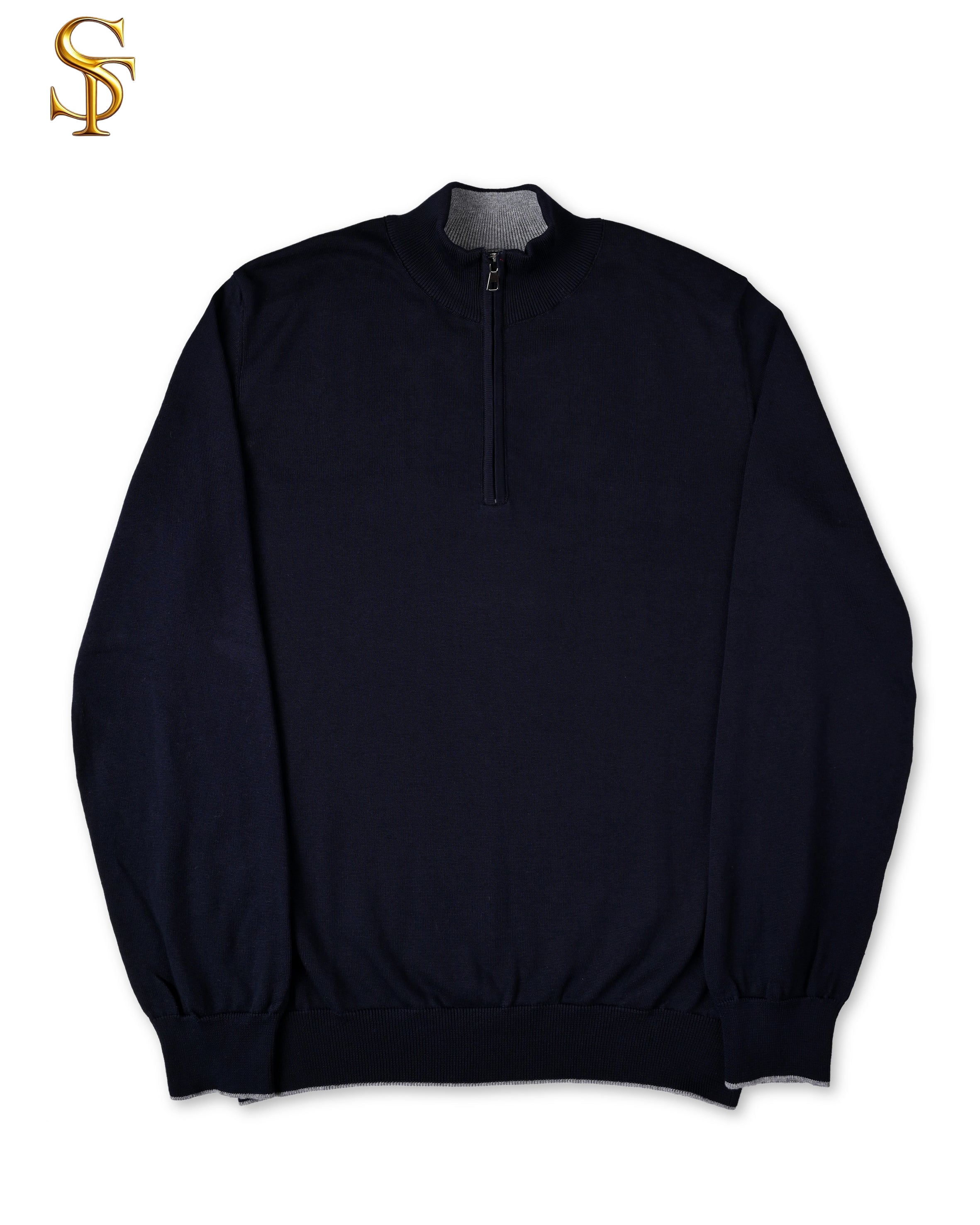 بلوفر تريكو قطن 100% رجالي – ياقة عالية سادة بسوستة واضح