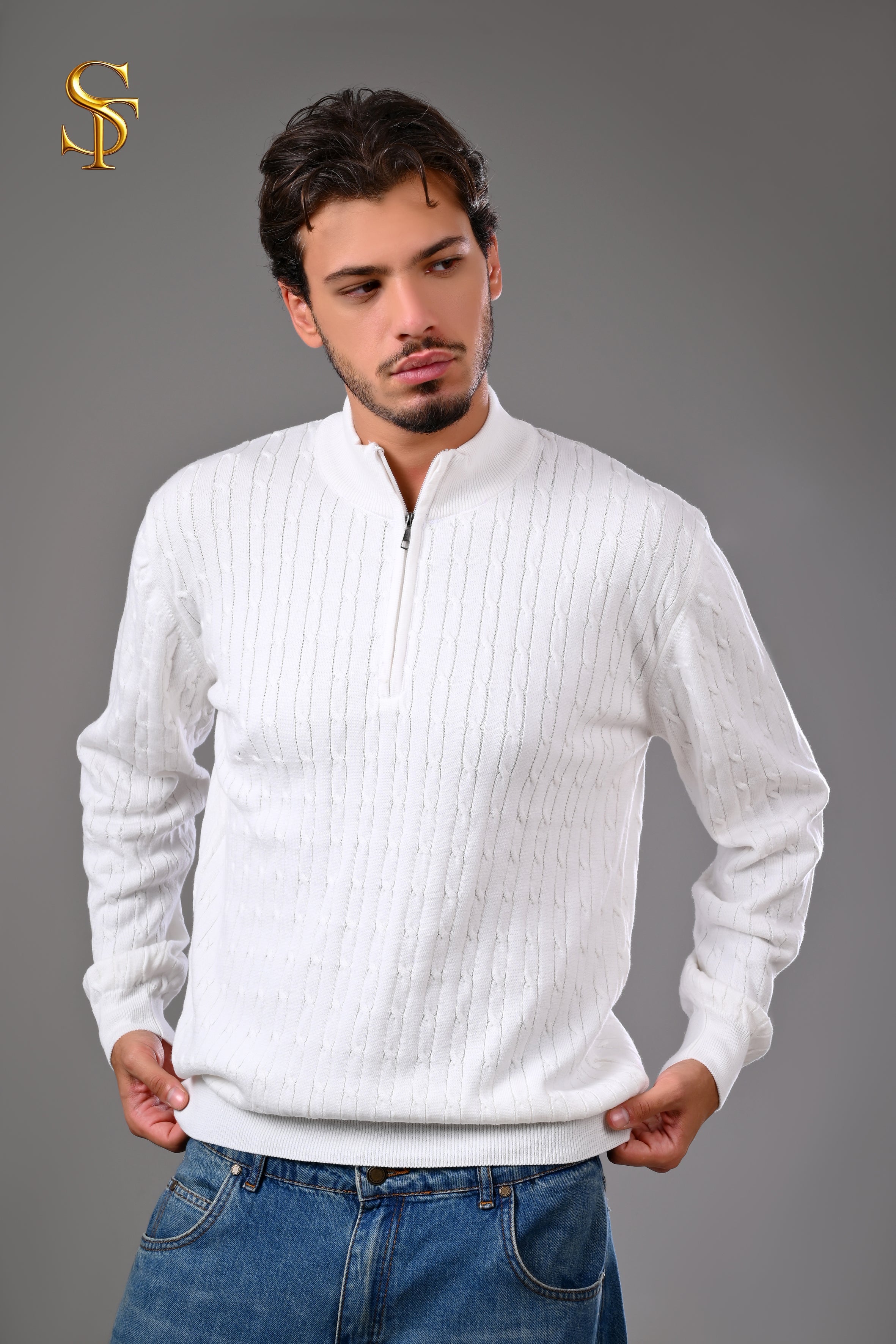 بلوفر تريكو قطن 100% رجالي – ياقة عالية ضفاير بسوستة