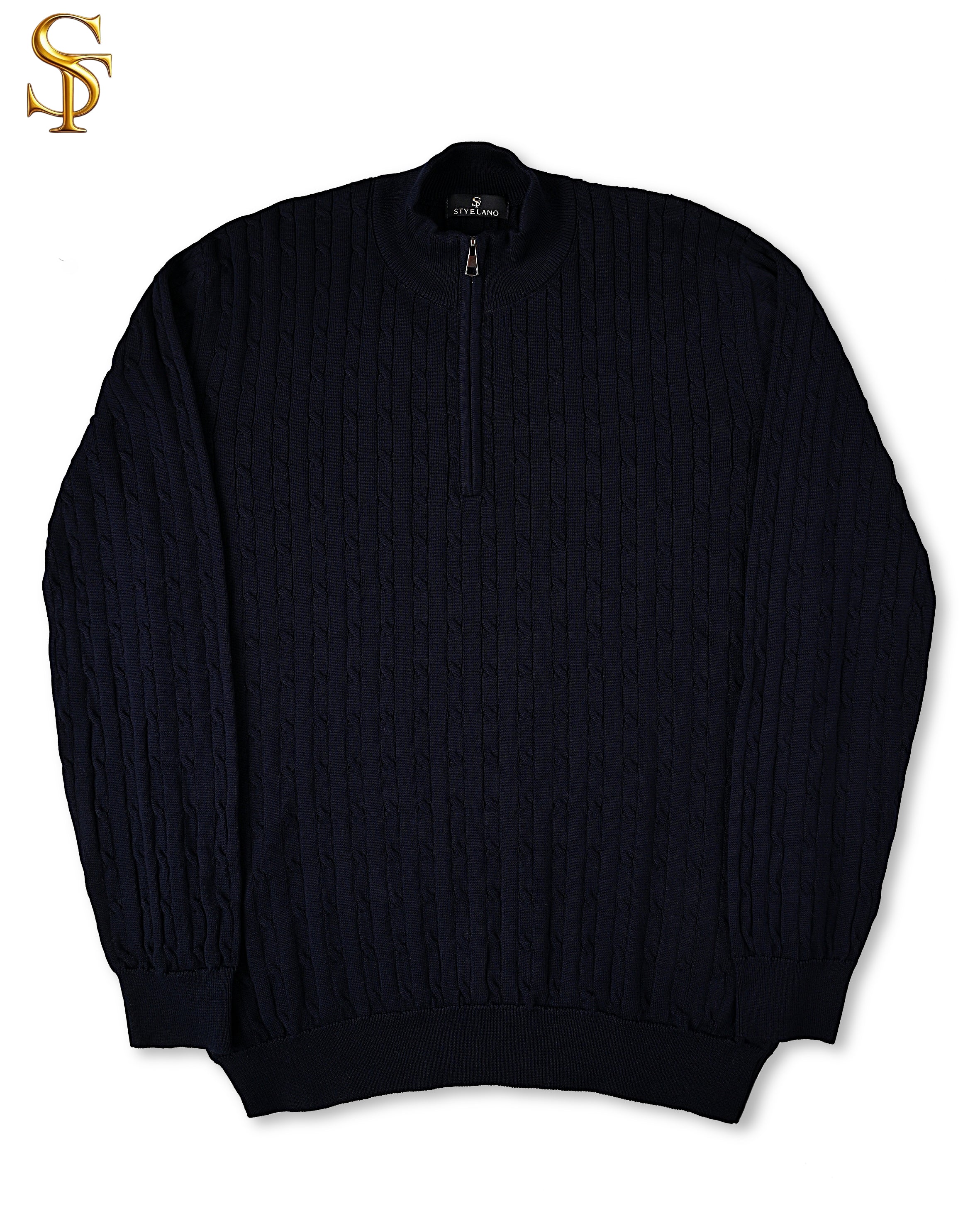 بلوفر تريكو قطن 100% رجالي – ياقة عالية ضفاير بسوستة