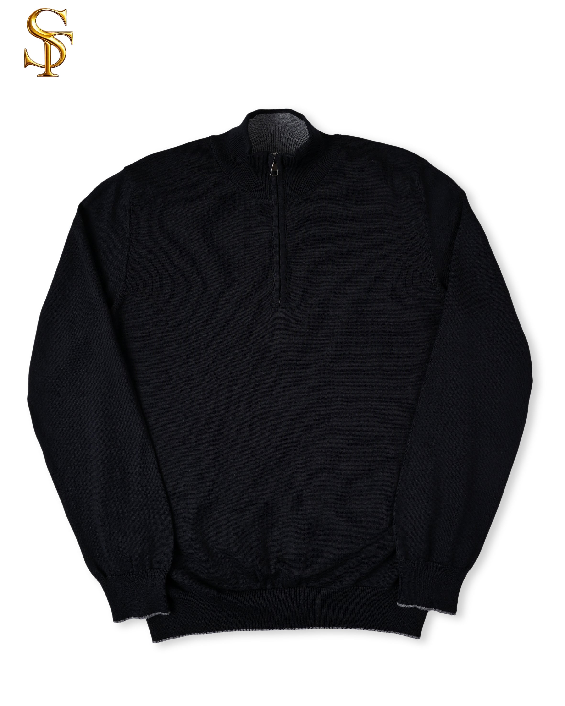 بلوفر تريكو قطن 100% رجالي – ياقة عالية سادة بسوستة واضح